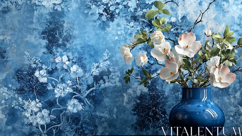 Blue Ceramic Vessel with Cut Flowers Against Textured Wall.