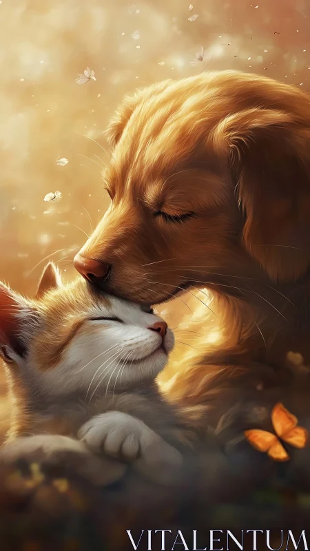 Golden Dog and White Cat in Warm Light.