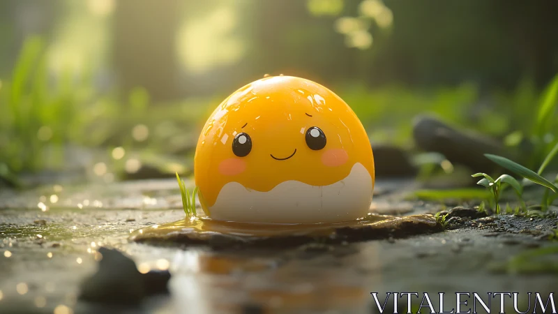 High-gloss kawaii egg yolk character in damp forest micro-scene