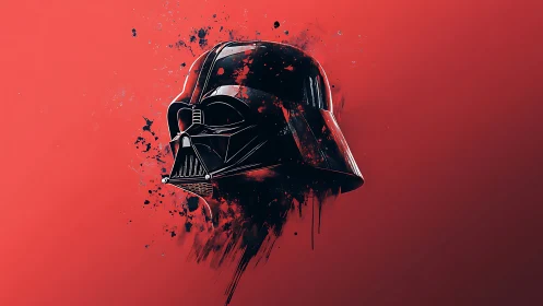 Dark sci fi helmet floats in red splattered void of power