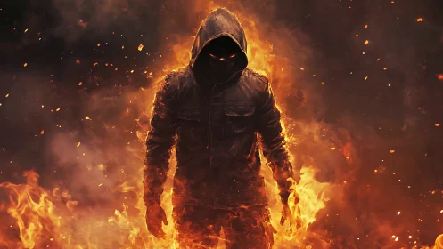 Hooded human silhouette surrounded by intense flames.
