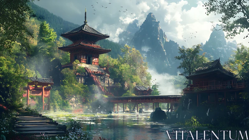 Mountain temple sanctuary nestles above a misty river valley.