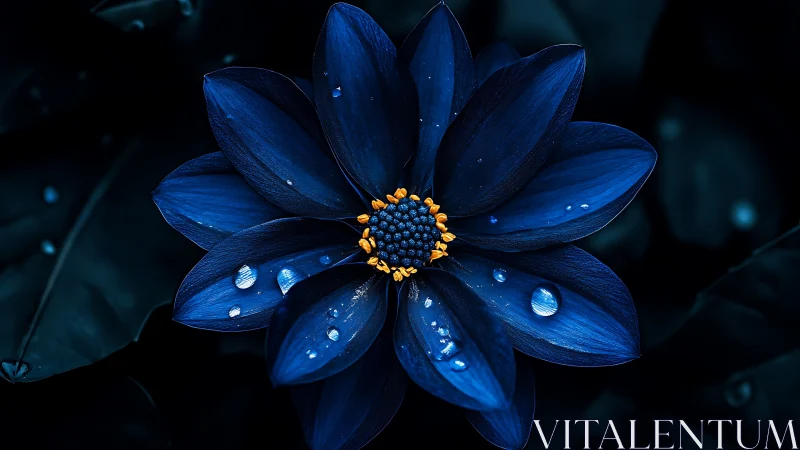Deep Blue Petals with Golden Center and Water Droplets