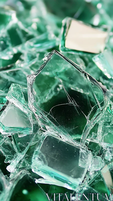 Fractured emerald glass shards show sharp edges and internal refraction