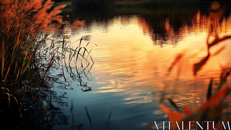 Riparian grasses against specular sunset water reflections.