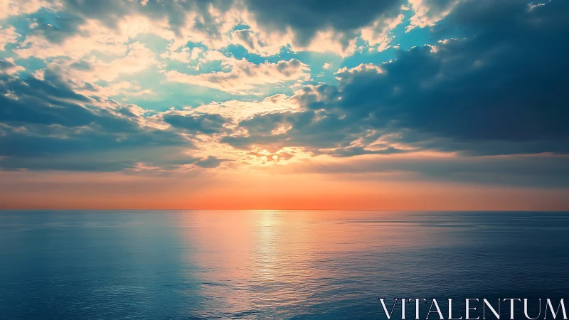 Calm ocean horizon glows under a vivid sunset sky