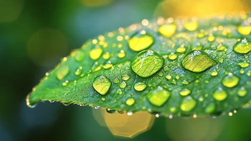Morning dewdrops sparkle gently across a bright green leaf