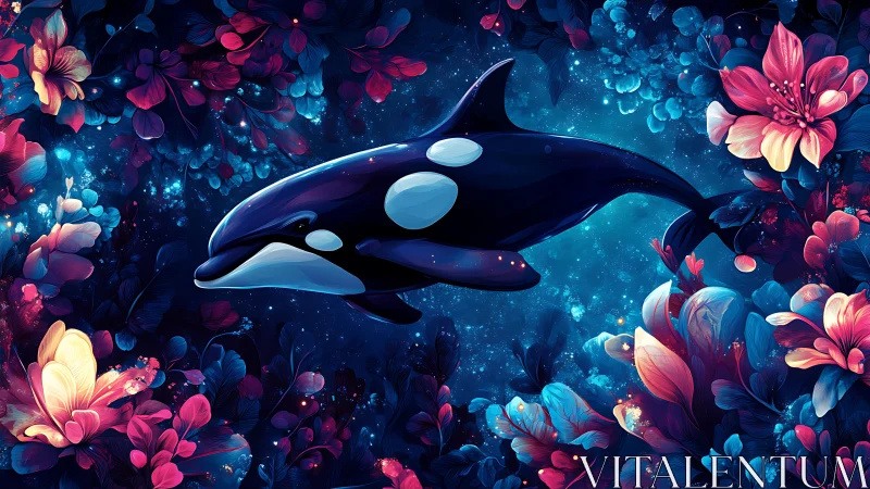 Orca swims through glowing floral galaxy in deep blue sea.