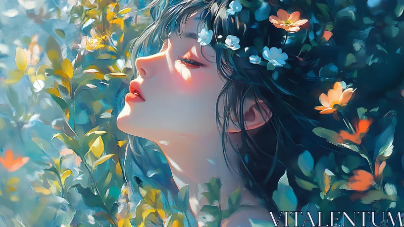 Woman with closed eyes surrounded by bright spring flowers.