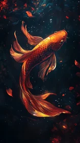 Radiant koi fish gliding through dark teal abstract water.