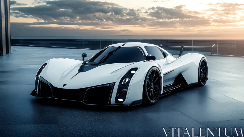 Futuristic white hypercar on rooftop terrace at sunset.