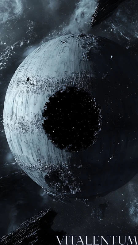 Colossal metal space sphere with dark central crater