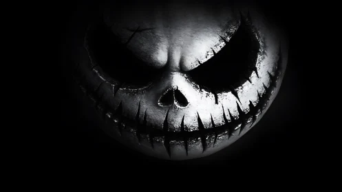 Grinning monochrome skull pumpkin with carved stitched smile