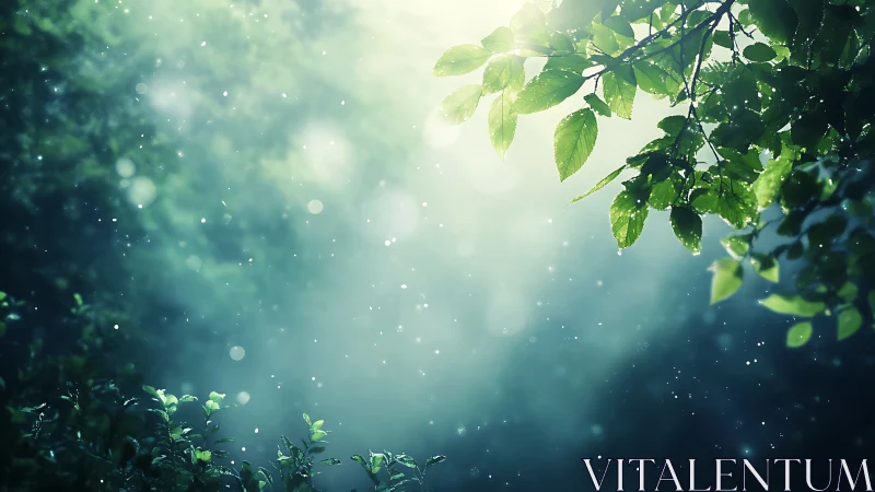 Sunlit Forest Foliage with Luminous Particle Effects