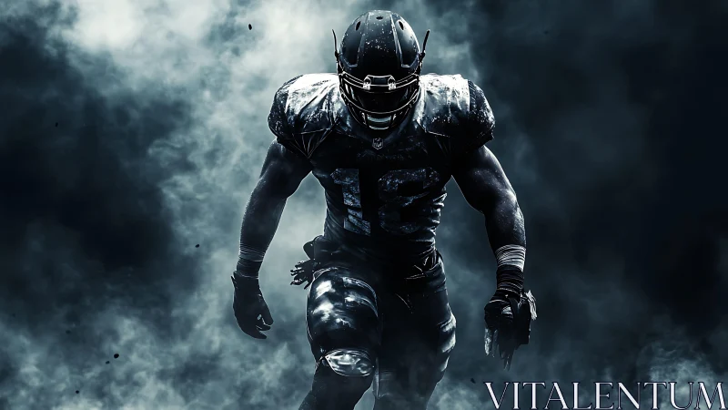 Storm-forged gridiron titan charging through battle fog.