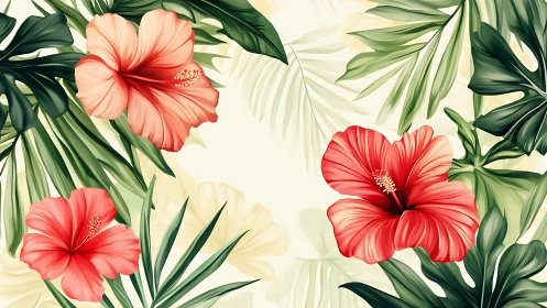 Tropical Hibiscus Blooms Among Lush Palm Leaves.