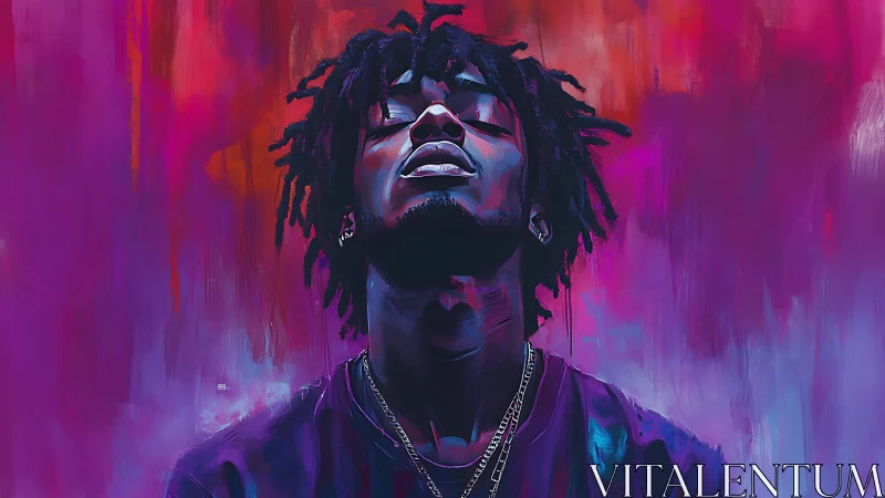 Portrait of man in neon purple and crimson glow.