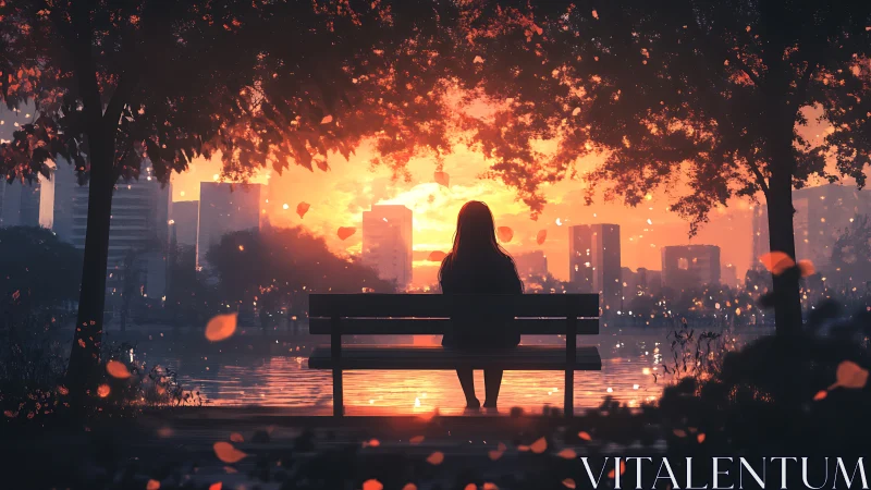 Silhouette on park bench facing city sunset across water.