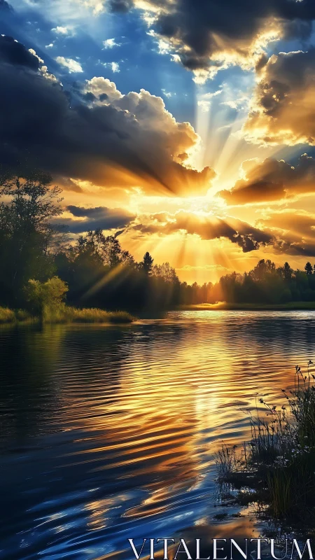 Dramatic golden sunset over calm reflective river surface.