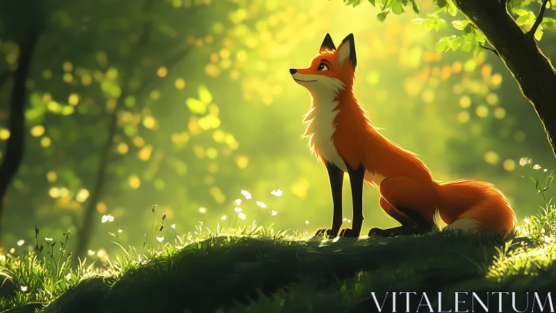 Curious woodland fox resting in soft golden forest light.