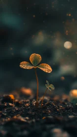Dewlit clover siblings rising through dusk-tinted soil.