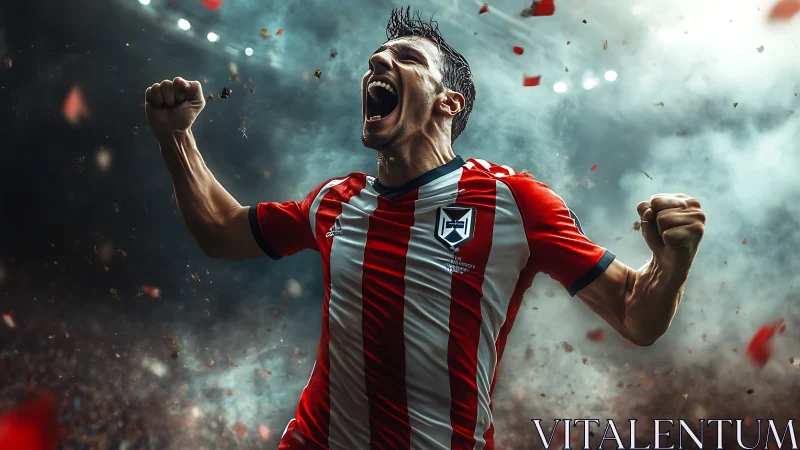 High-intensity football celebration under dynamic stadium lighting.