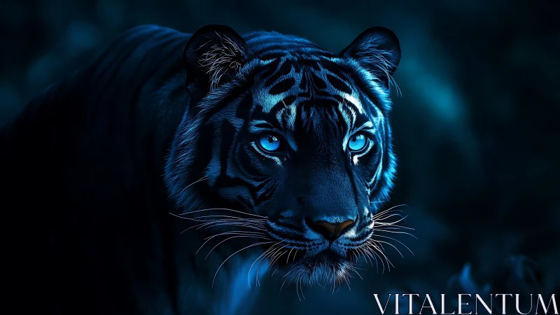 Moonlit cobalt tiger prowling with electric glacier eyes.