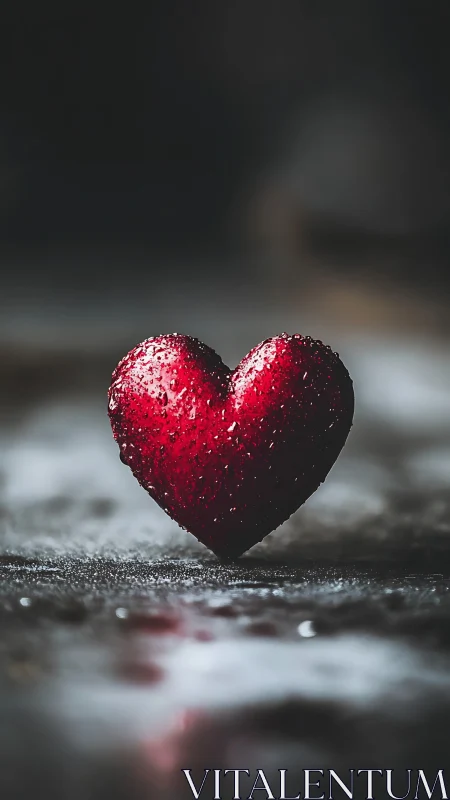 Crimson Heart Glistens. Rain-Soaked Love Symbol.