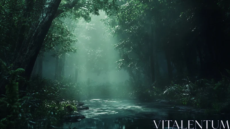 Misty Forest Stream Illuminated by Filtered Canopy Light
