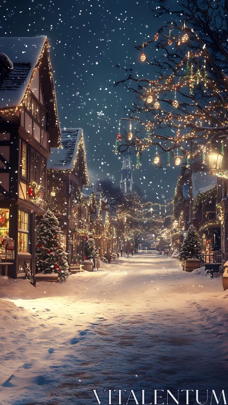 Snowy Christmas village street glows with festive lights.