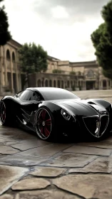 Low-slung black hypercar with retro-futurist bodywork in courtyard