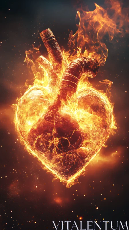 Flaming Heart Organ Burning Against Dark Sky