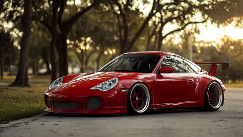 Sleek red sports car glowing softly in a golden park setting.