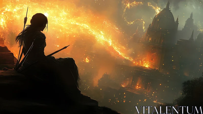 Archer silhouette watches burning castle in fantasy landscape.