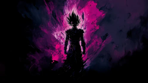 Silhouetted warrior stands before magenta energy field