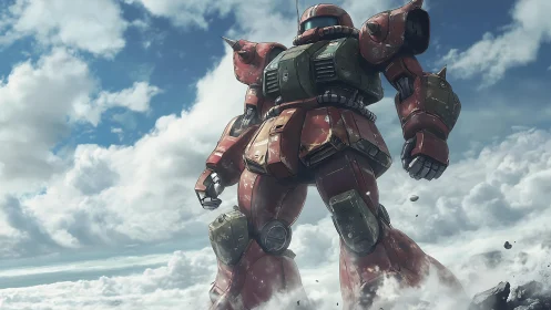 Battle-worn red mecha stands in clouds under bright sky