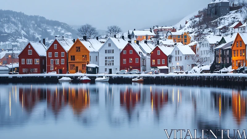 Snow-covered waterfront houses with calm water reflections.