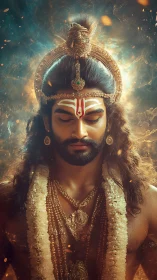 Radiant divine meditation in golden cosmic stillness.