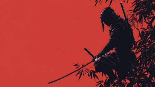 Stealthy ninja silhouette with katana on red backdrop.