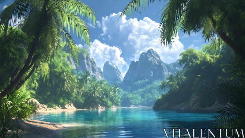 Tropical Paradise Lake Nestled Among Dramatic Mountain Peaks