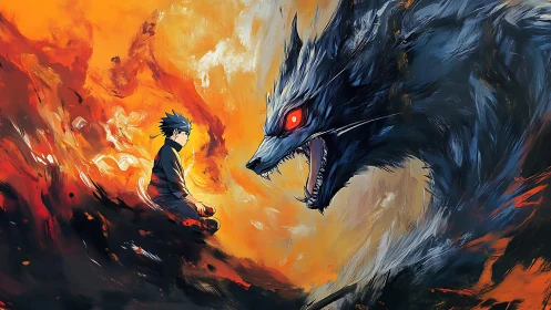 Meditating boy confronting fiery spirit wolf in chaos.