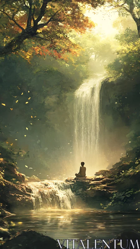 Meditating figure finds calm beneath a sunlit forest waterfall