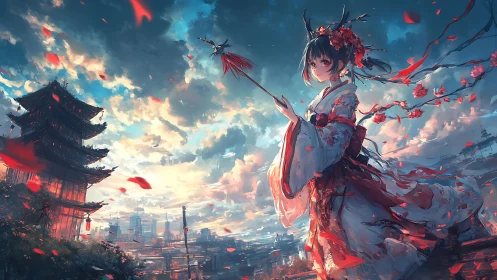 Sky-bloomed shrine maiden trades petals with a city’s dawn
