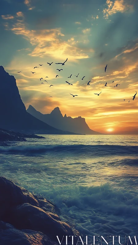 Coastal mountain silhouette with seabirds at vivid sunset