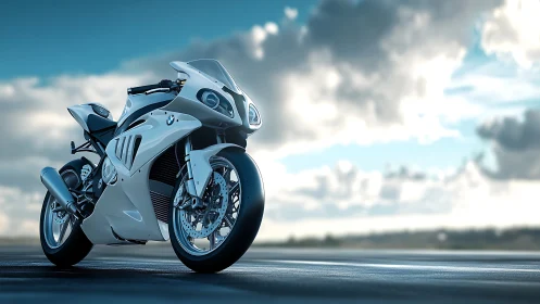 Sunlit sport motorcycle waiting beneath wide open skies.