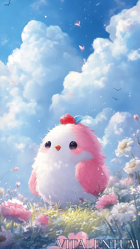 Strawberry-Crowned Cherub Floats Through Pastel Cloud Meadow.