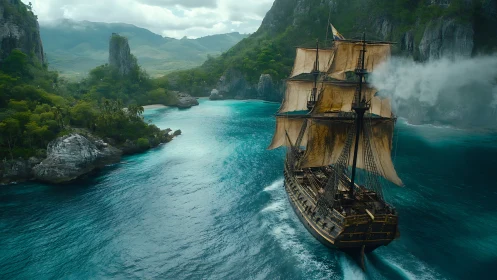 Sailing ship navigating tropical inlet with steep green cliffs.