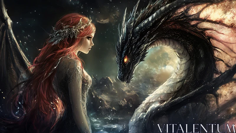 Starborne sorceress facing ember-eyed celestial dragon.