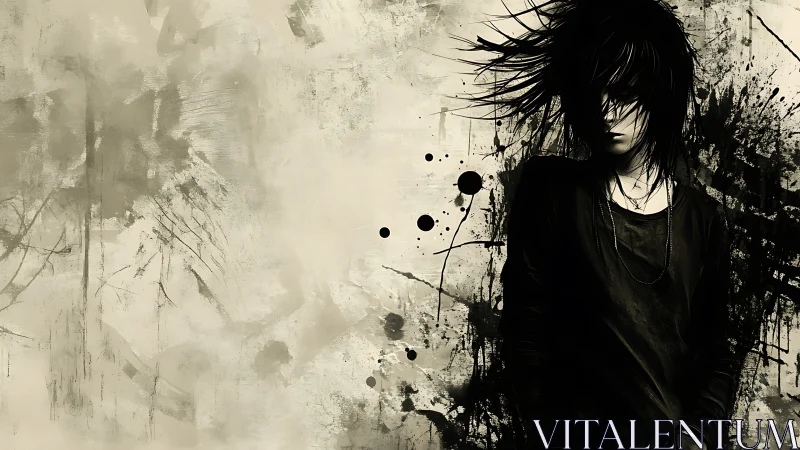 Solitary emo figure merges with abstract ink splatter field