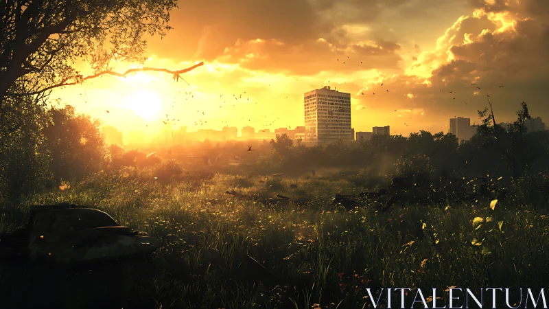 Photorealistic urban meadow at sunset with high-rise silhouette.